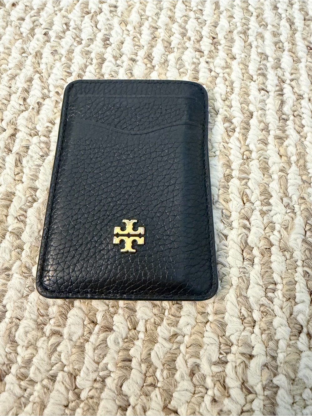 Tory Burch Black Pebbled Leather Card Wallet with Gold Logo